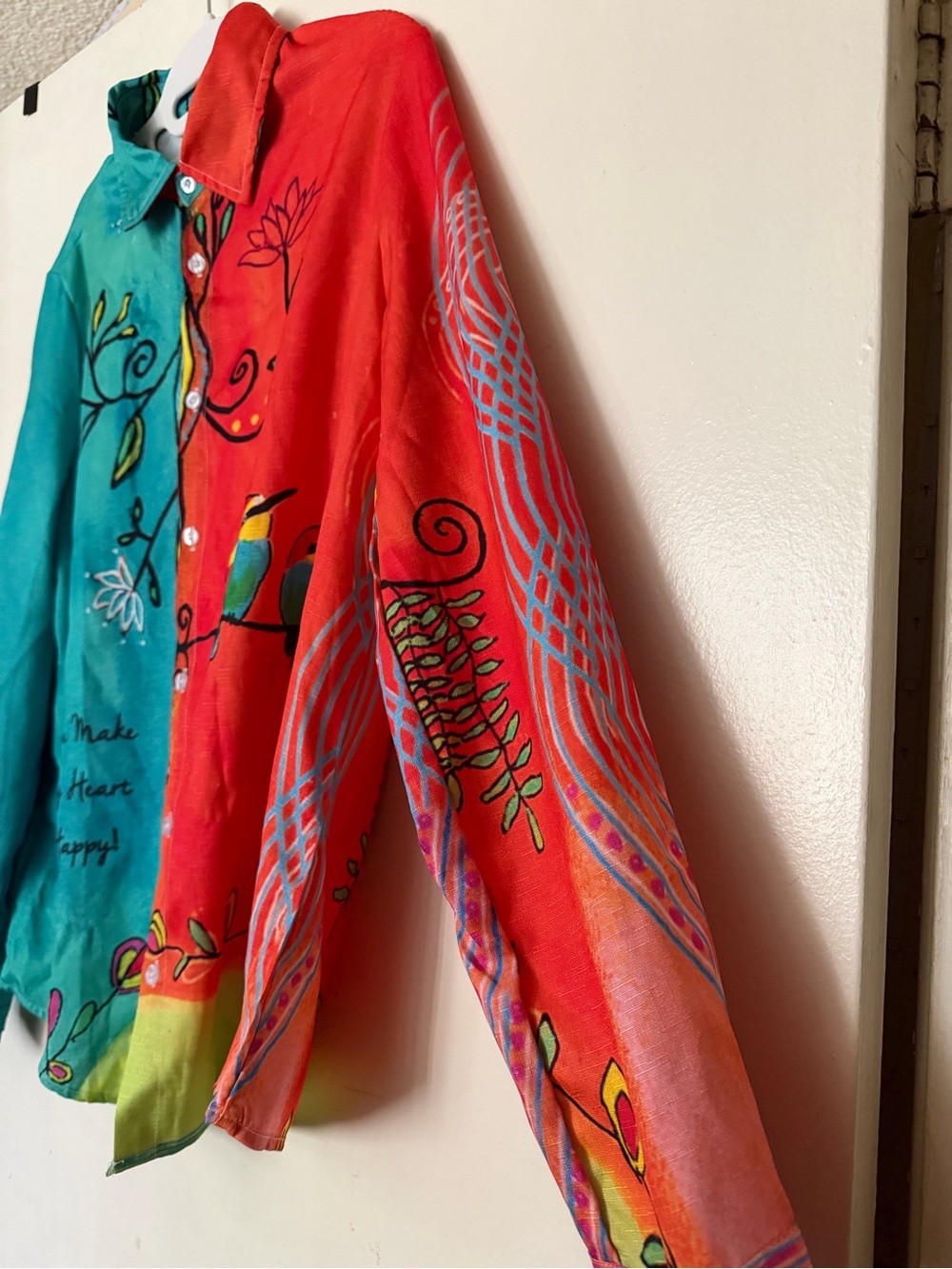 Colorful Wearable Art Bird & Floral Button Front Blouse Size L Boho Art Shirt - Picture 4 of 6